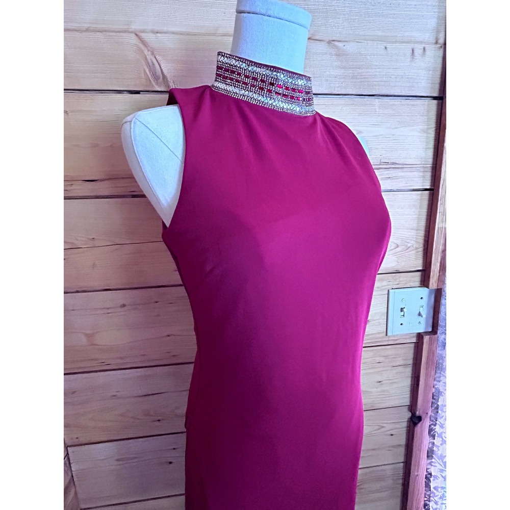 Bebe‎ Rhinestone Neck Dress Womens Small Rhubarb Red Asymmetrical Hem Mini Y2K - Picture 3 of 10